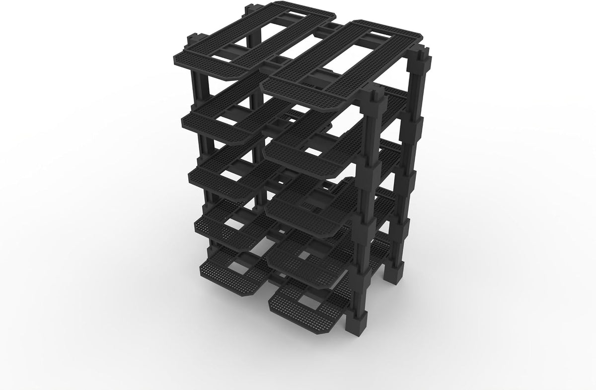 Modular racing garage display rack with small brick race cars in each bay
