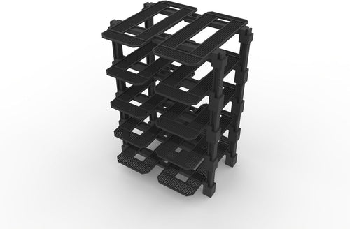 Modular racing garage display rack with small brick race cars in each bay
