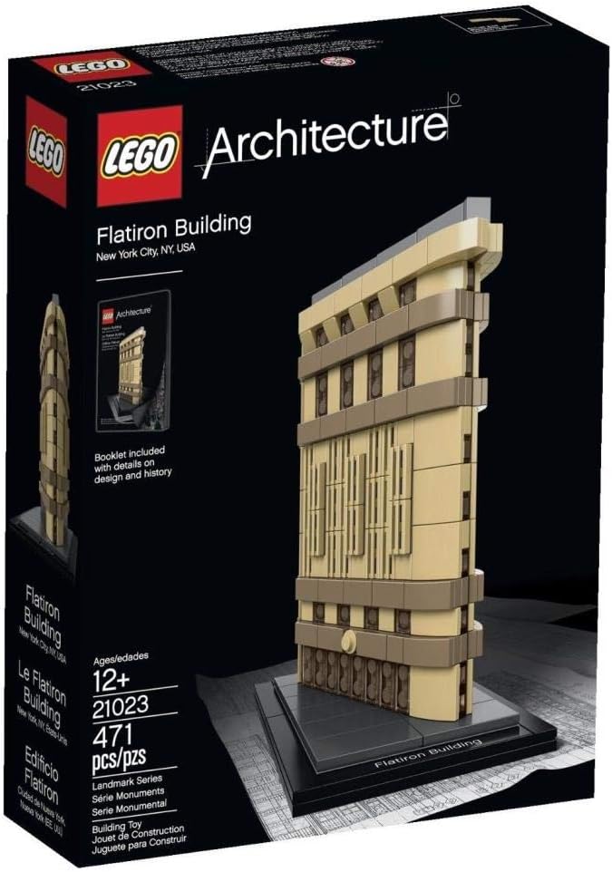Brick-built triangular Flatiron Building landmark model in tan with a name tag on its base