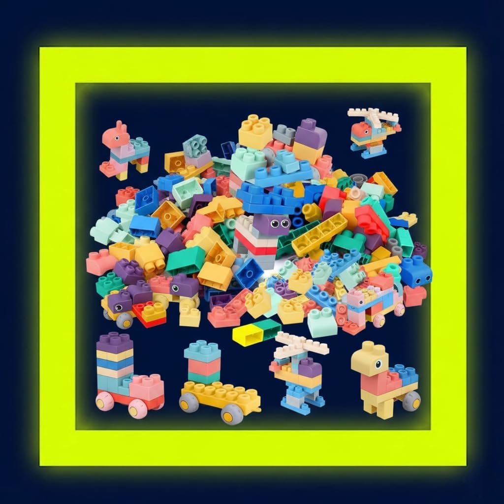 Colorful soft rubber baby building blocks beside a storage bucket