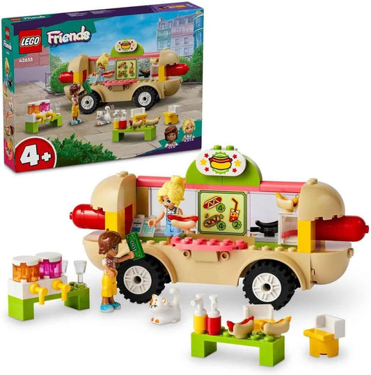 Colorful brick hot dog food truck with two mini-doll figures and a cat