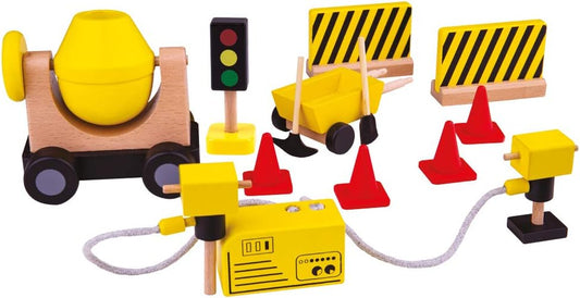 Wooden toy construction site with blocks, vehicles and building pieces