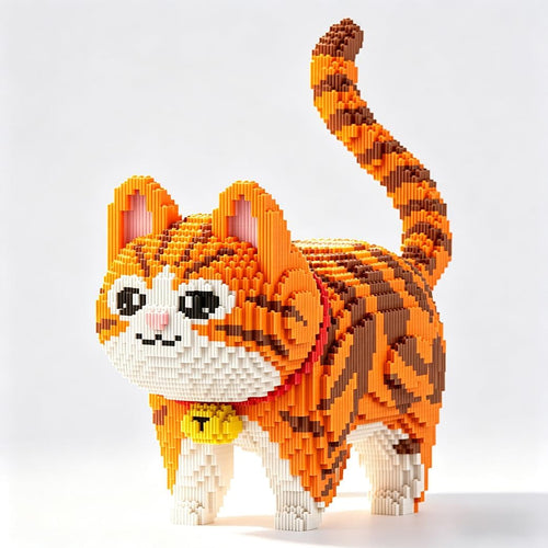 Built orange cat sculpture made of tiny micro bricks