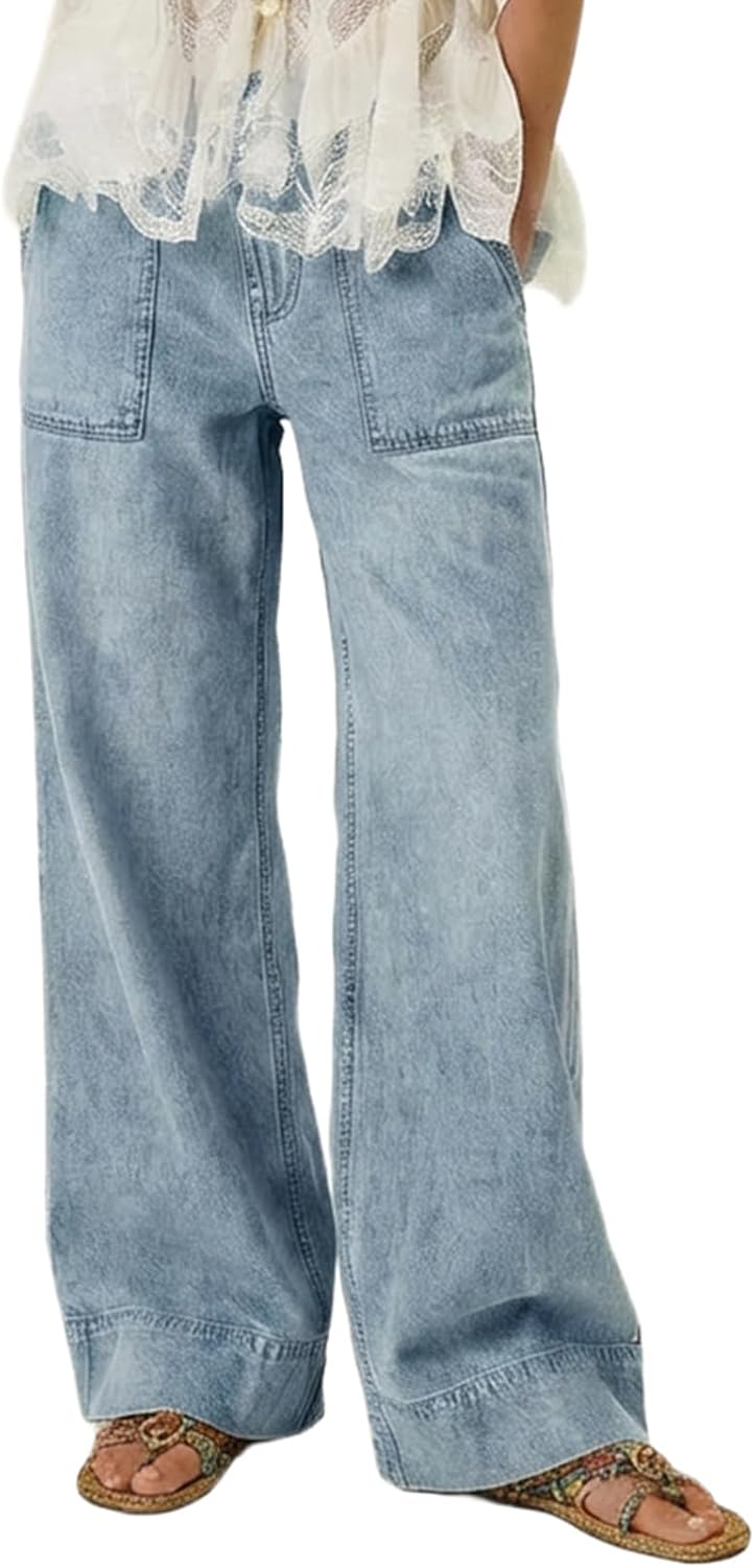 Women's Cotton Wide Leg Jeans - Low Mid Rise Pull On Baggy Denim with Oversized Pockets for Boho Outfits - Small