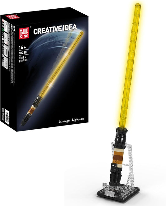 Full-scale brick light sword with lit blade standing upright on a desktop stand