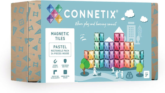 Twenty-four pastel rectangle magnetic tiles arranged in a fan of soft colors