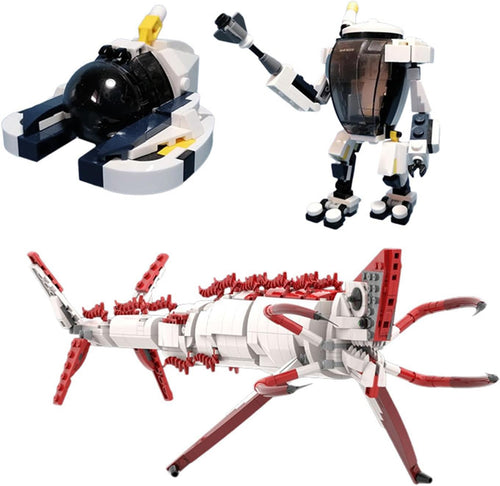 Brick-built underwater habitat with a small submarine and sea creatures on a blue base