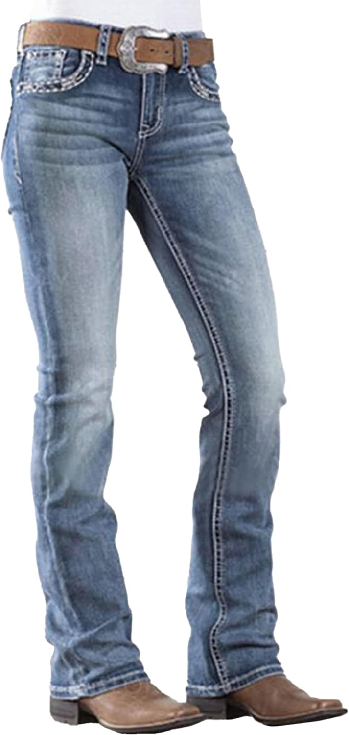 Women's Western Bootcut Jeans - Mid Rise Stretch Denim with Embroidered Pockets for Country Outfits - Small