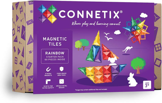 Rainbow magnetic tiles built into a colorful tower and flat pattern
