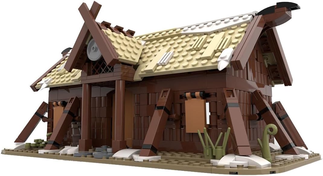 Built medieval Viking longhouse brick model with steep roof and timber-style walls