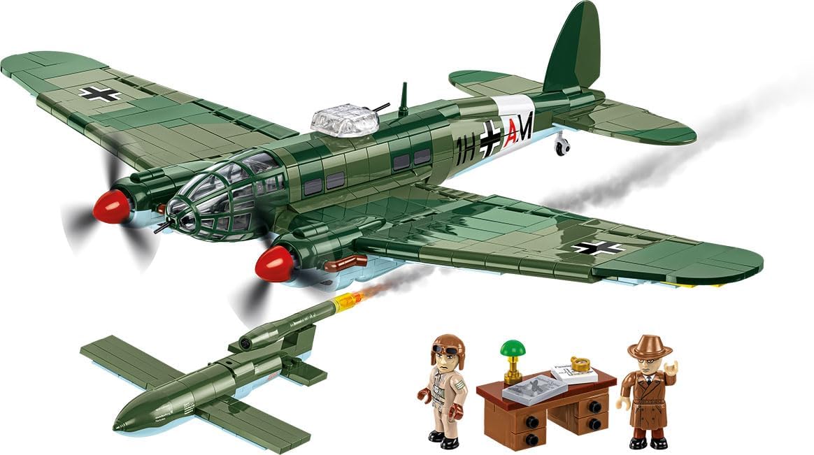 Brick-built WWII He 111 bomber with a V1 flying bomb mounted under the wing