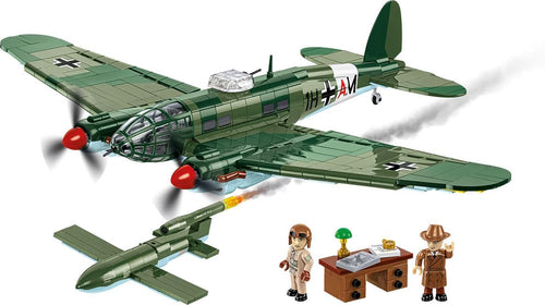 Brick-built WWII He 111 bomber with a V1 flying bomb mounted under the wing
