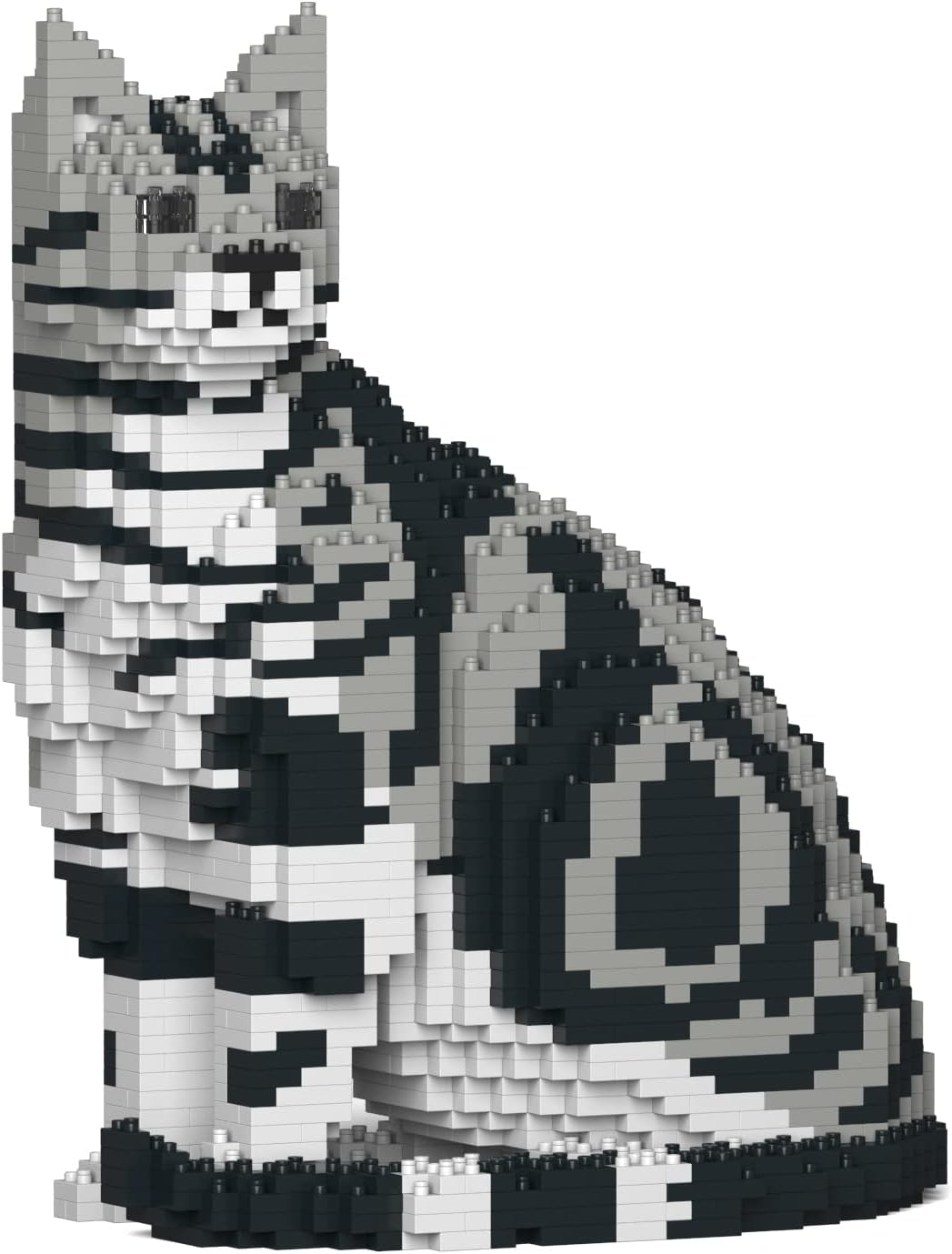 Silver tabby American Shorthair cat sculpture built from interlocking plastic bricks – view 5