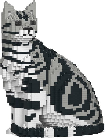 Silver tabby American Shorthair cat sculpture built from interlocking plastic bricks – view 5