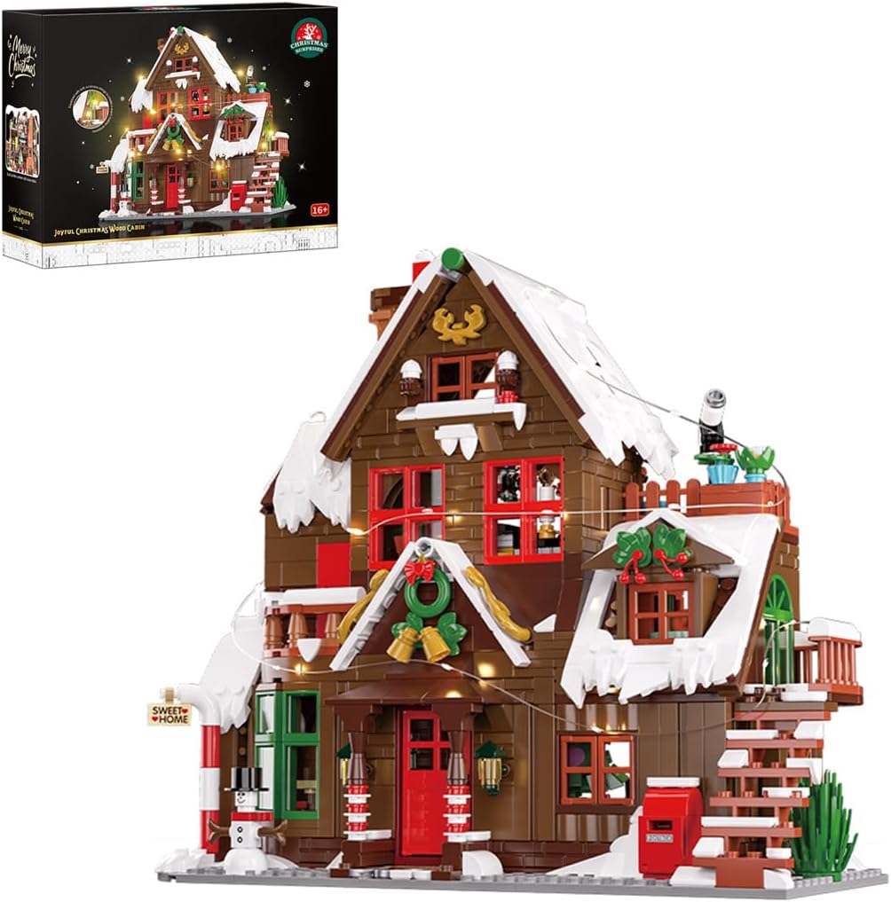 Wooden block snow cabin in a winter holiday scene with warm lights glowing