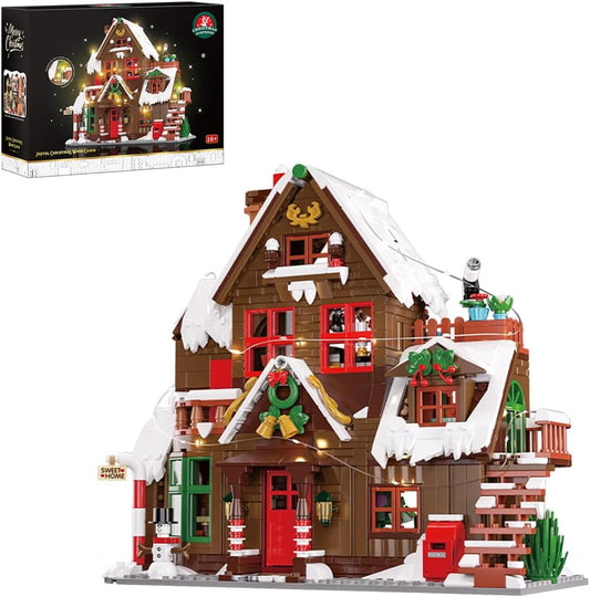 Wooden block snow cabin in a winter holiday scene with warm lights glowing