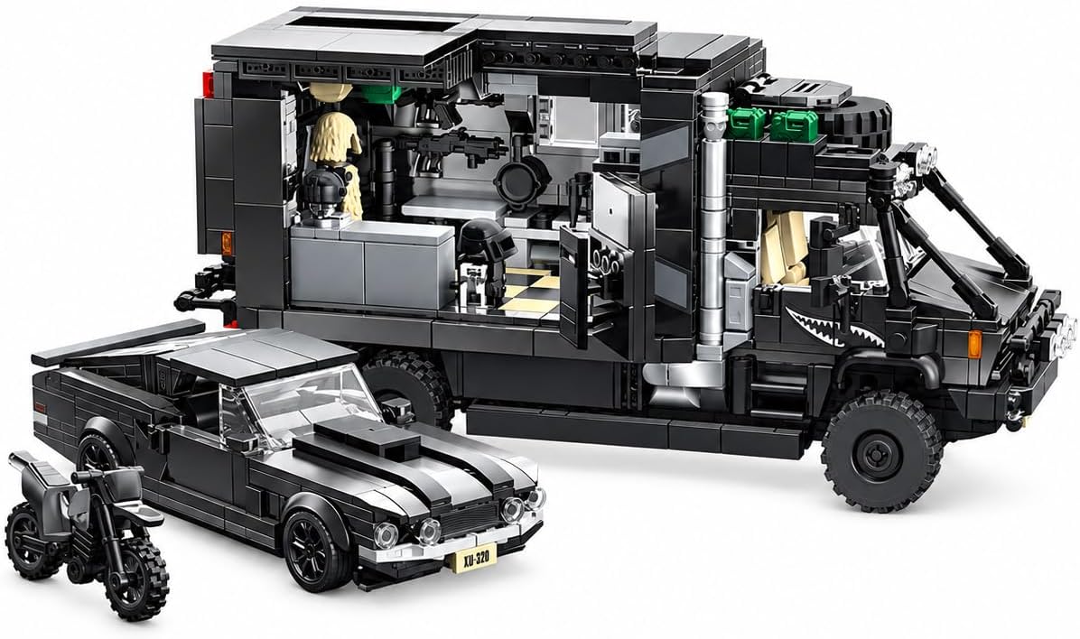 Brick-built camper van motorhome with a small sports car and motorcycle beside it
