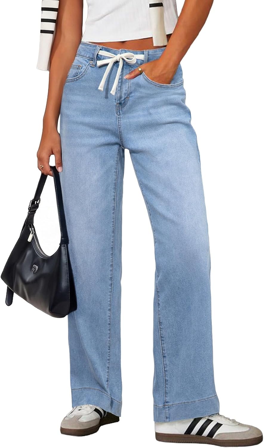 Women's High Rise Straight Leg Jeans - Stretch Denim with an Adjustable Drawstring and Pockets - 2
