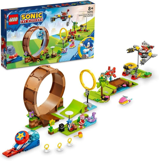 Brick-built blue and green looping course with ramps, a large ring and small figures