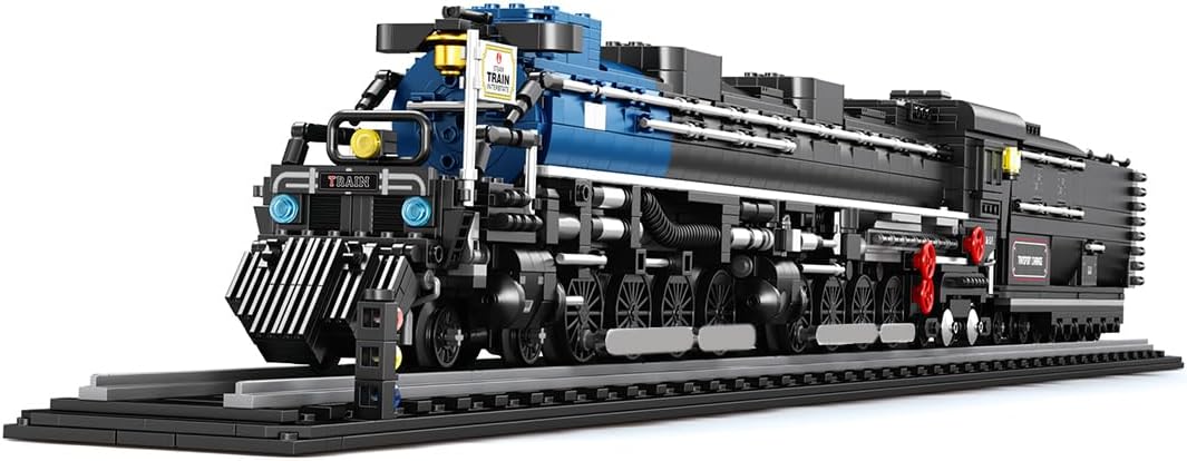 Long black, orange and red brick steam locomotive with large driving wheels – view 3
