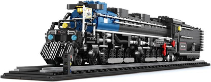 Long black, orange and red brick steam locomotive with large driving wheels – view 3