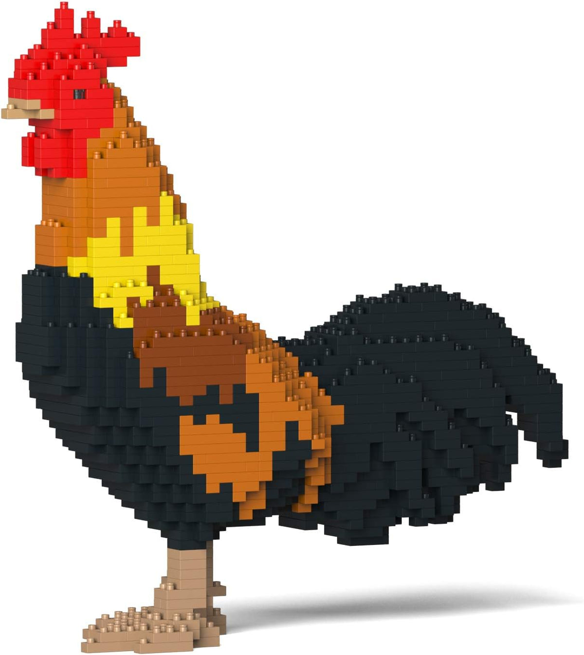 Brick-built brown hen sculpture with red comb standing upright – view 2