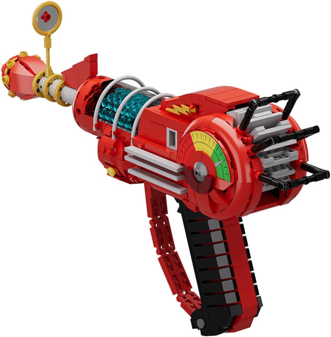 Brick-built retro sci-fi blaster replica with glowing-style barrel coils on a stand
