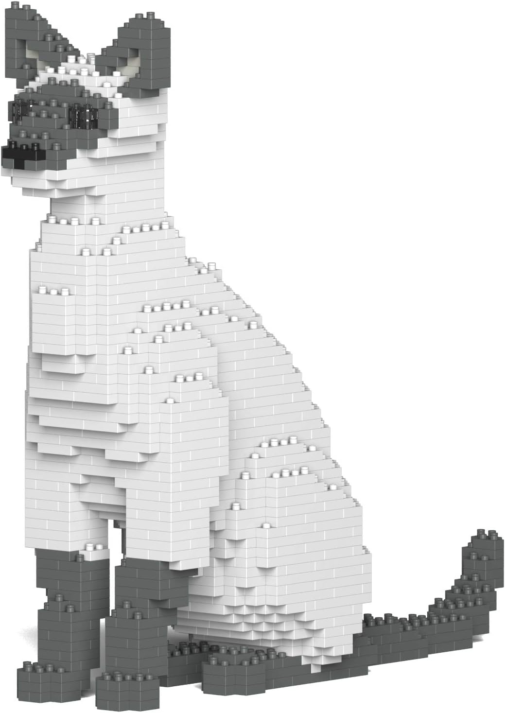 Seated Siamese cat sculpture built from small cream and brown plastic bricks – view 2