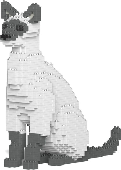 Seated Siamese cat sculpture built from small cream and brown plastic bricks – view 2