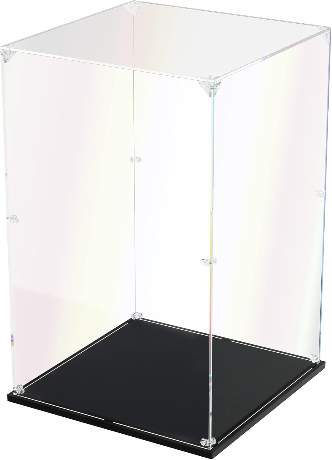 Clear acrylic display box holding a round superhero shield brick model – view 12
