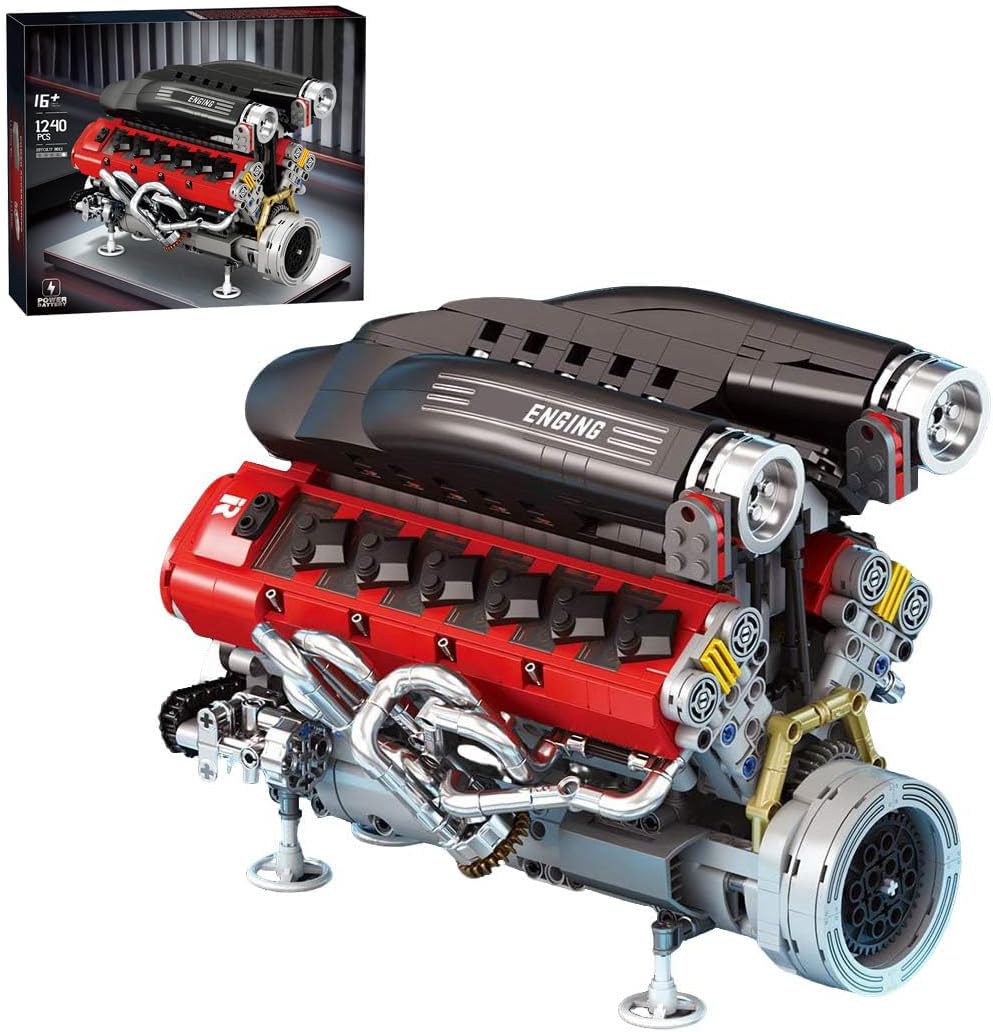 Brick-built silver V8 engine model with pistons on a display stand – view 2