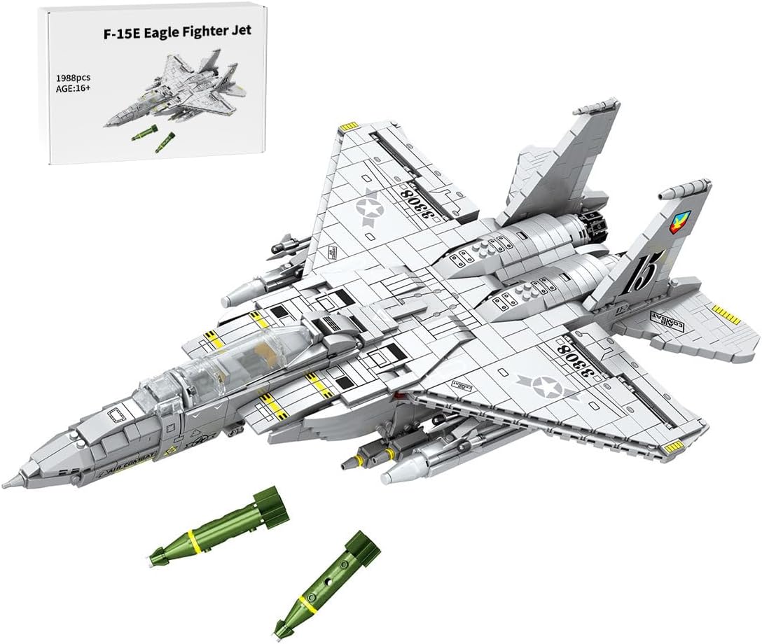 Built twin-engine fighter jet brick model with missiles under the wings