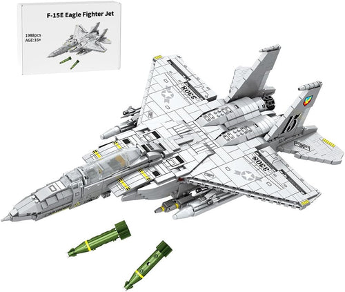 Built twin-engine fighter jet brick model with missiles under the wings