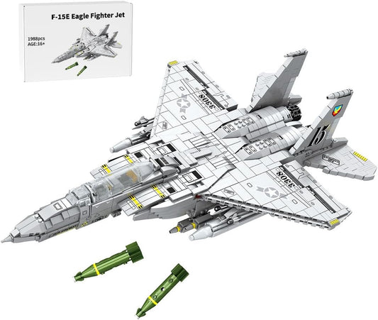 Built twin-engine fighter jet brick model with missiles under the wings