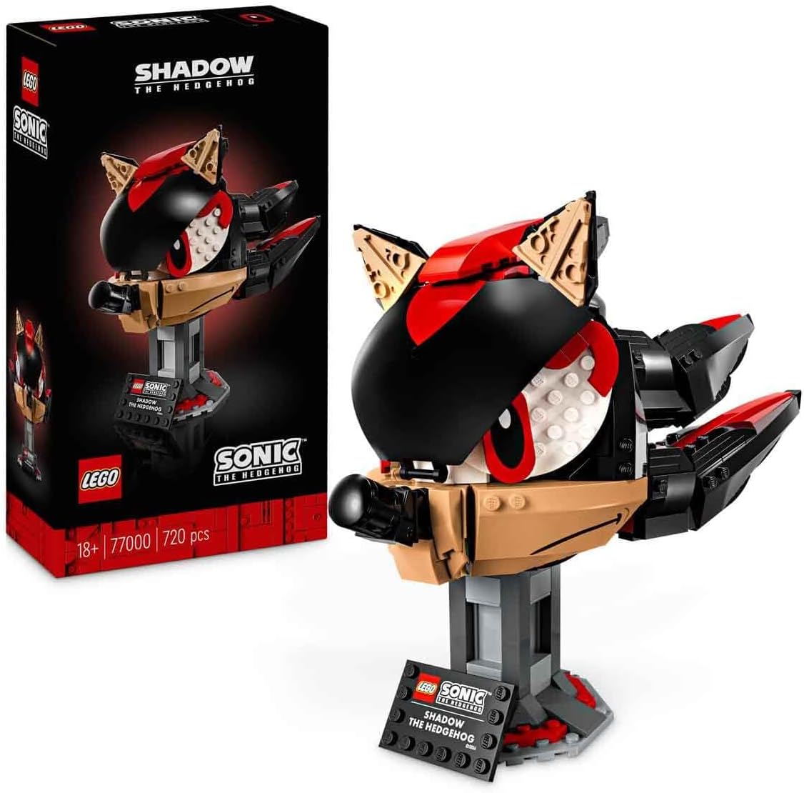 Brick-built spiky black and red hedgehog head on a display stand