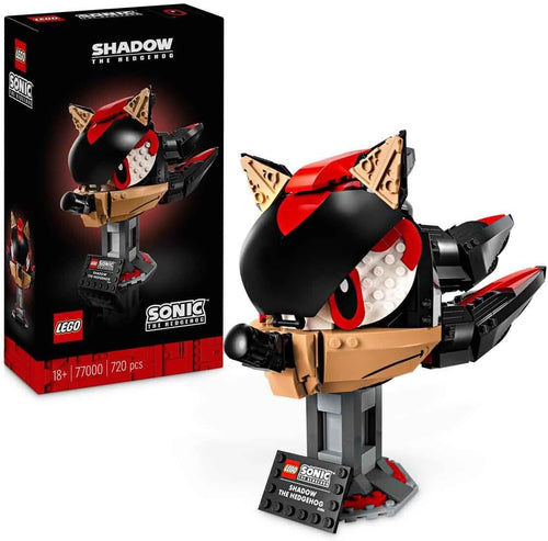 Brick-built spiky black and red hedgehog head on a display stand