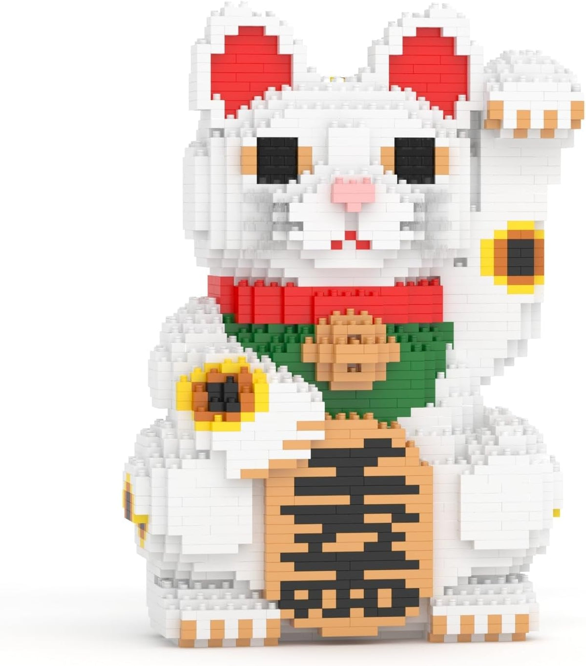 Brick sculpture of a white Japanese lucky cat raising one paw