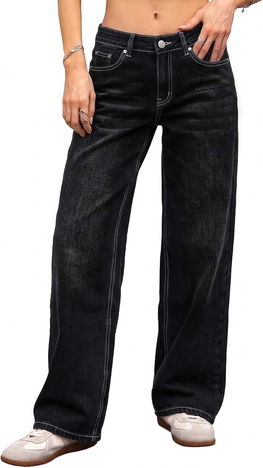 Women's Low Rise Baggy Jeans - Straight Leg Stretch Denim in a Loose Boyfriend Fit for Y2k Outfits - 2
