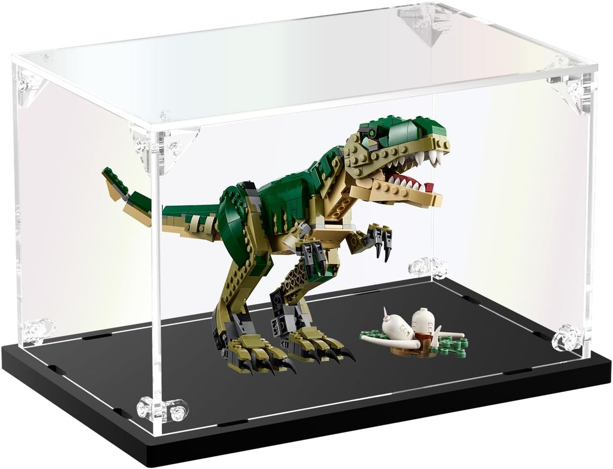 Clear acrylic display box holding a round superhero shield brick model – view 4