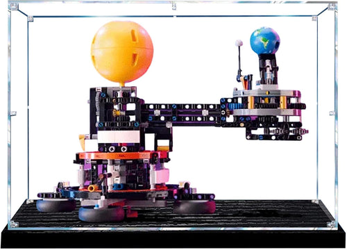 Clear acrylic display case around an Earth and Moon orbit brick model on a black base