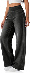 Women's Side Striped Wide Leg Jeans - Pull On Stretch Denim with Side and Back Pockets - Small