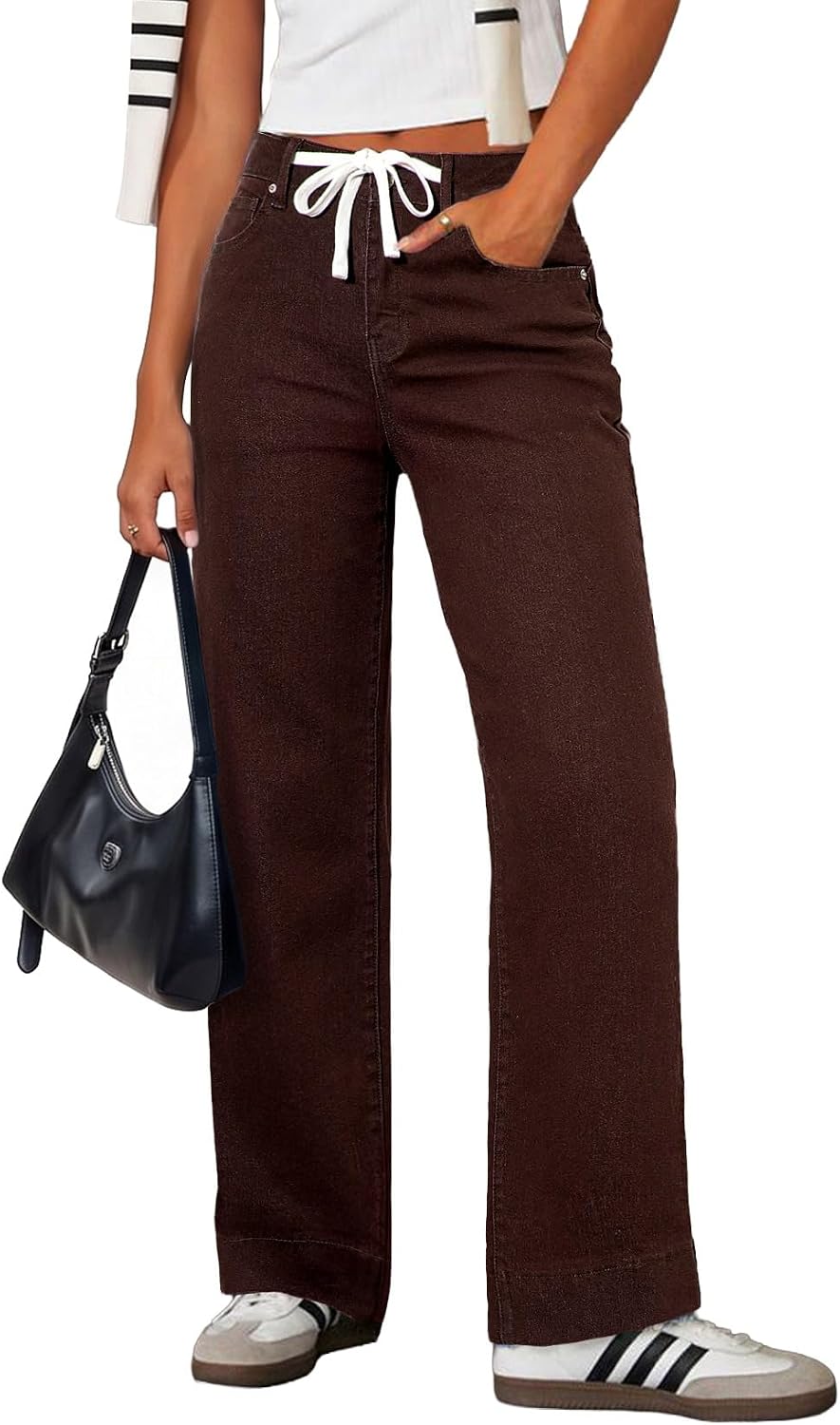 Women's High Rise Straight Leg Jeans - Stretch Denim with an Adjustable Drawstring and Pockets - 4