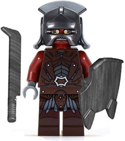 Dark armored orc warrior minifigure with helmet and weapon