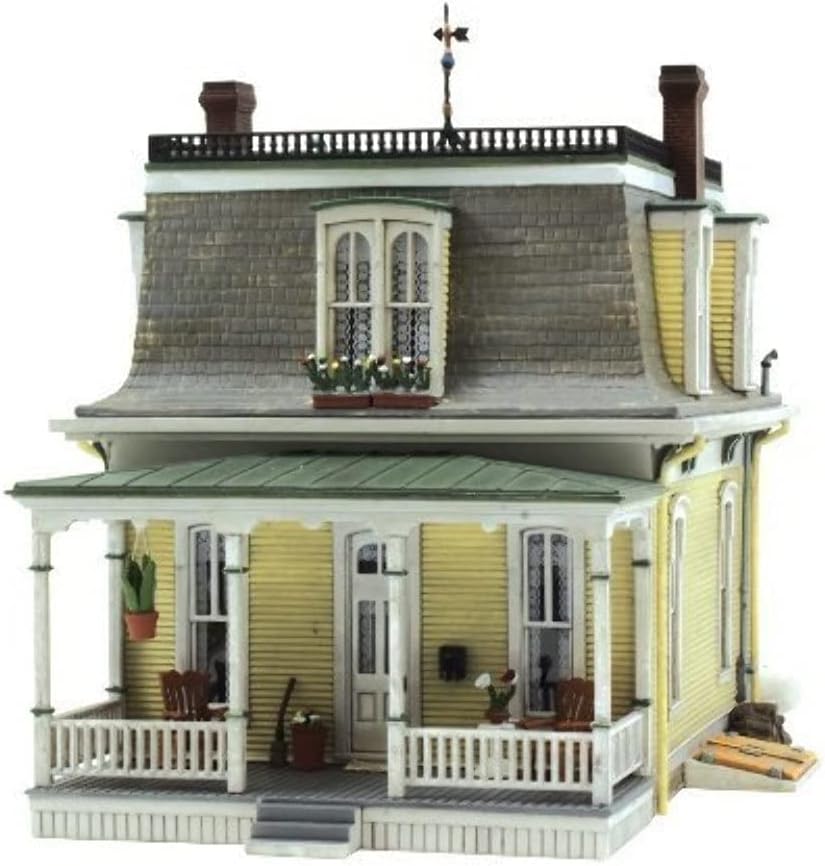 N scale Victorian house with mansard roof, dormers, window boxes and porch