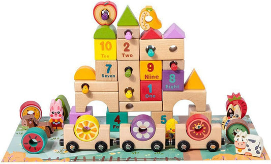 Colorful wooden farm blocks and fruit-shaped train cars with printed numbers
