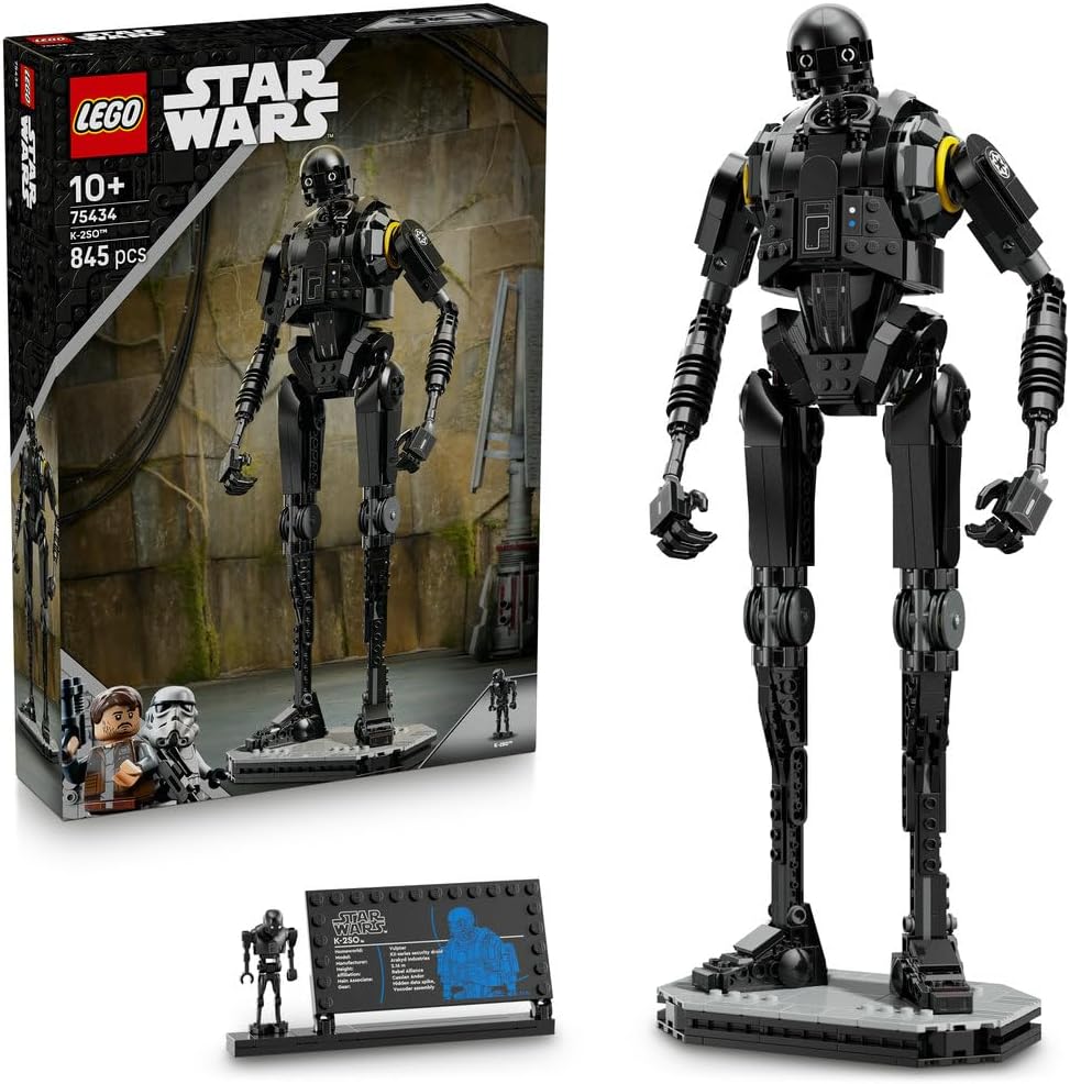 Brick-built tall sci-fi security droid on a display stand