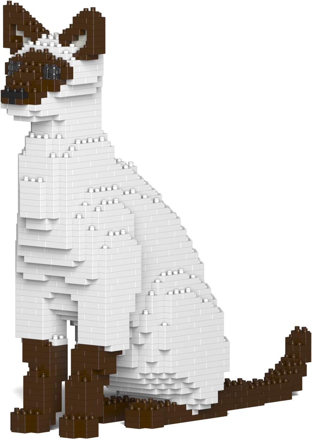Seated Siamese cat sculpture built from small cream and brown plastic bricks