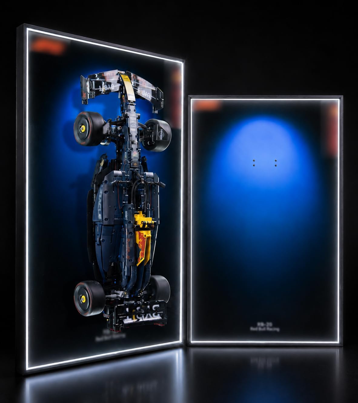 Formula race car brick model on a lit acrylic wall display board – view 2