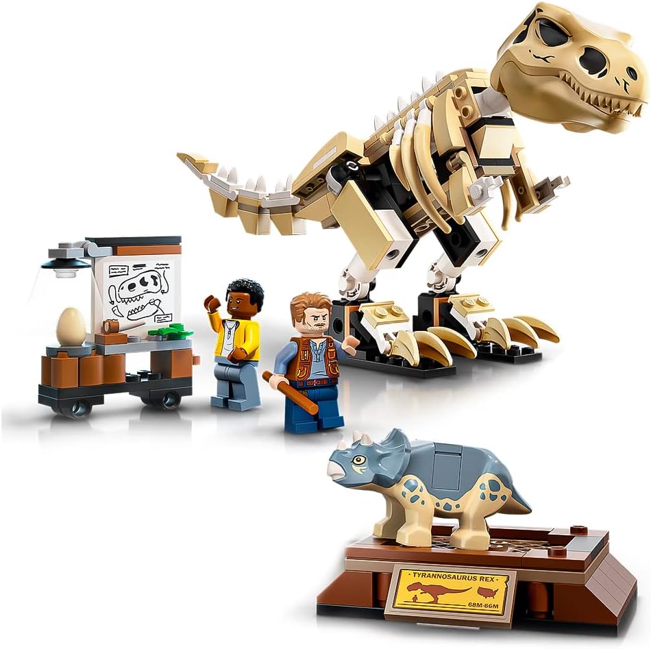 Brick-built Tyrannosaurus skeleton on a museum stand with two figures
