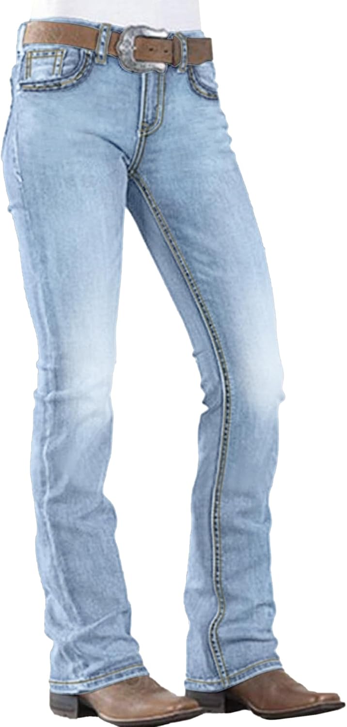 Women's Western Bootcut Jeans - Mid Rise Stretch Denim with Embroidered Pockets for Country Outfits - Small